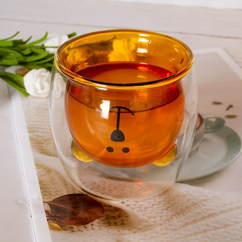 Glass Mugs Bear Cat Dog Animal Double-layer Glass Mug Coffee Cup Christmas  Mug gift