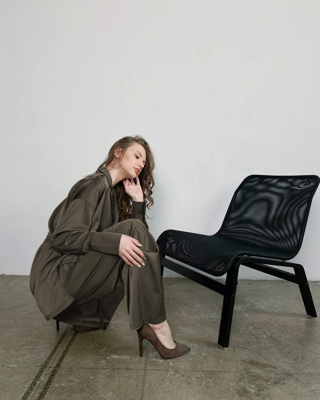 OOTN Lace-Up Long Sleeve Shirts High Waist Trouser Suit Fashion Notched Collar Vintage Satin Wide Leg Pants Set Woman 2 Pieces