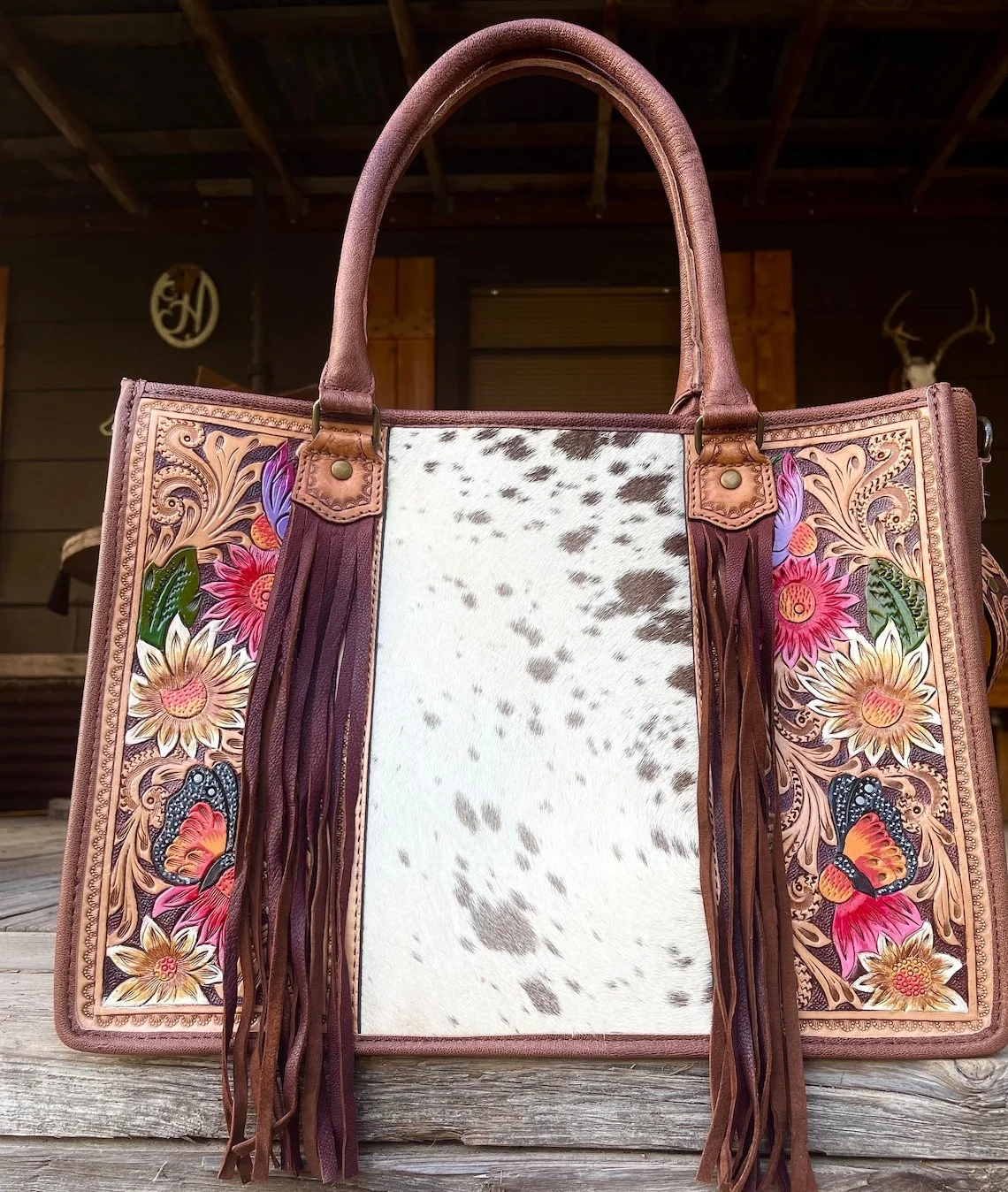 Western Hand Tooled Leather Purse Hair on Cowhide American Darling Western Crossbody Purse Laptop Handbag Wholesale Manufacturer