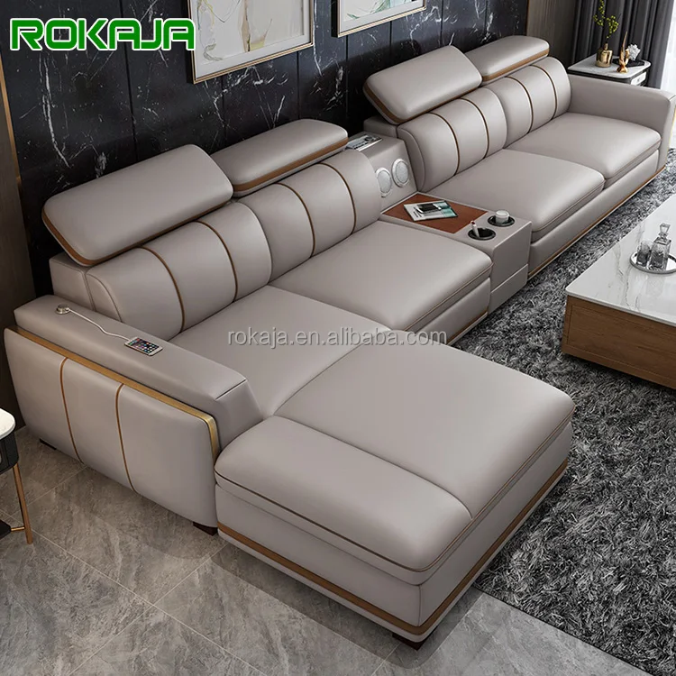 Global Hot Selling Smart Sofa Set Modern 7 Seater Leather Sofa With Audio Usb Charger Modular L Shape Sofa Living Room Furniture