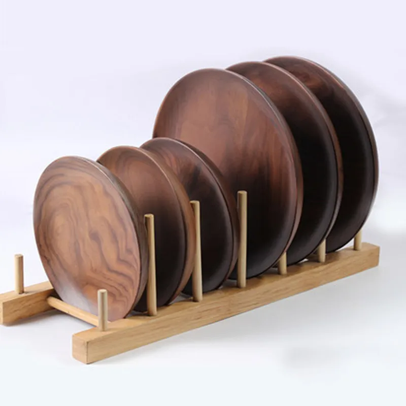 High quality dinner wood tableware round black walnut solid wooden plates
