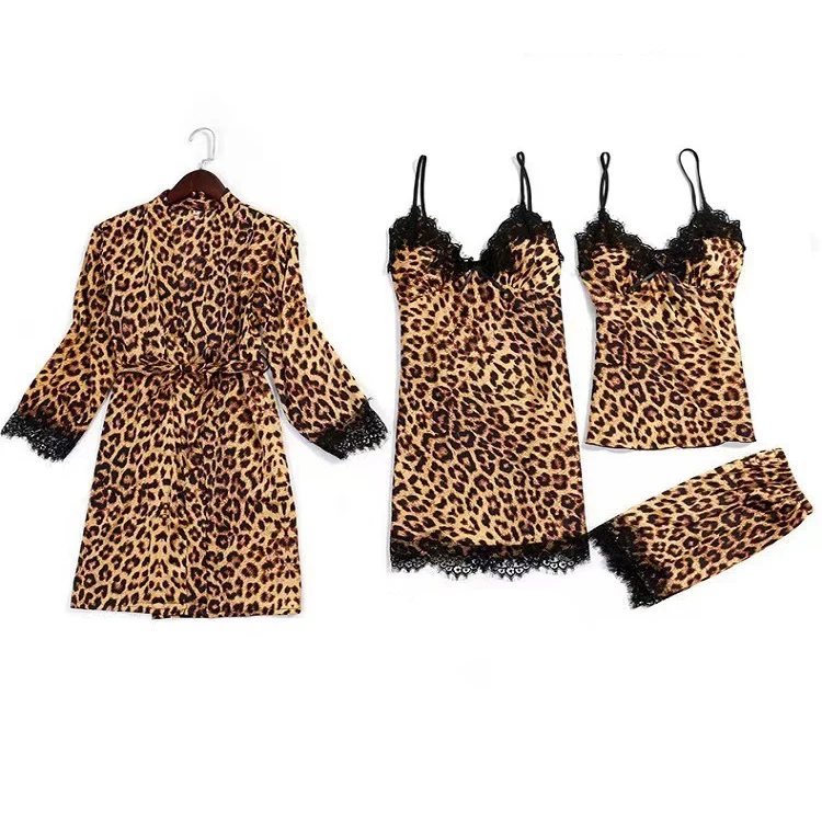Leopard silk lingerie robes pyjamas women satin sexy temptation lace pajamas 4 piece sleepwear set shorts two-piece home service