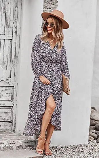 Женское Пляжное Платье макси с V-образным вырезом и длинным рукавом