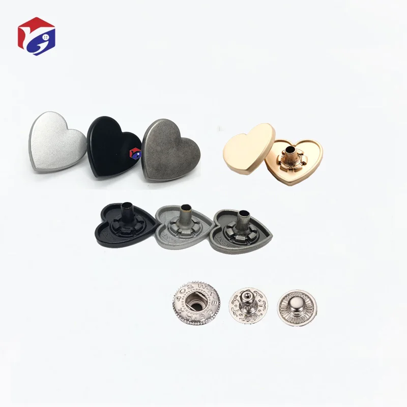 Heart Snap Button for Leather Jackets Jeans Handbags Heart Buttons Gold Sliver Nickel Lead Free 4 Parts Shank Metal Buttons