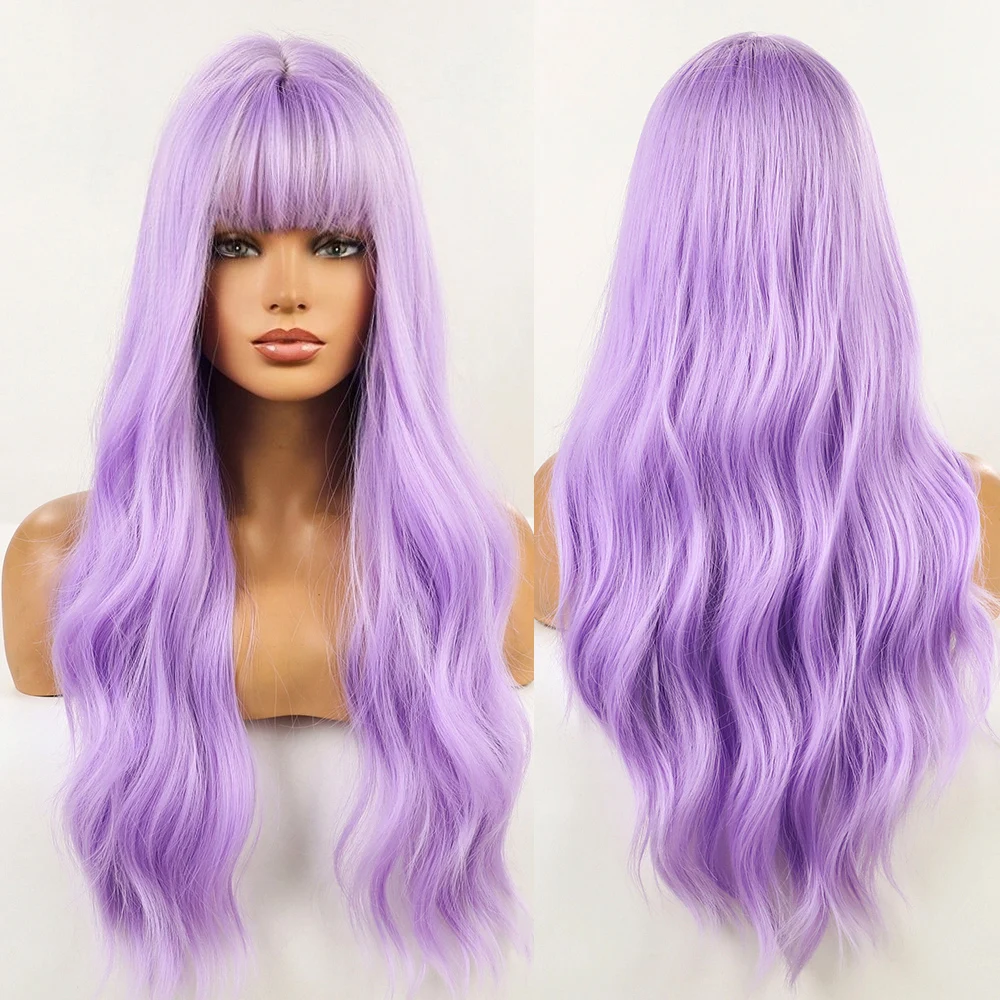 2024  long wave futura  synthetic wig with  bangs  purple  cosplay synthetic Wigs