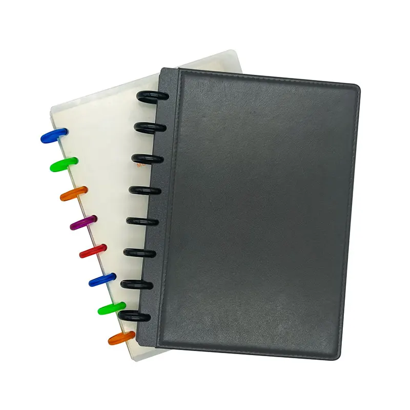 Custom A5 Black Pu Leather Disc Binding Daily Weekly Planner Notebook with Divider and Sticker
