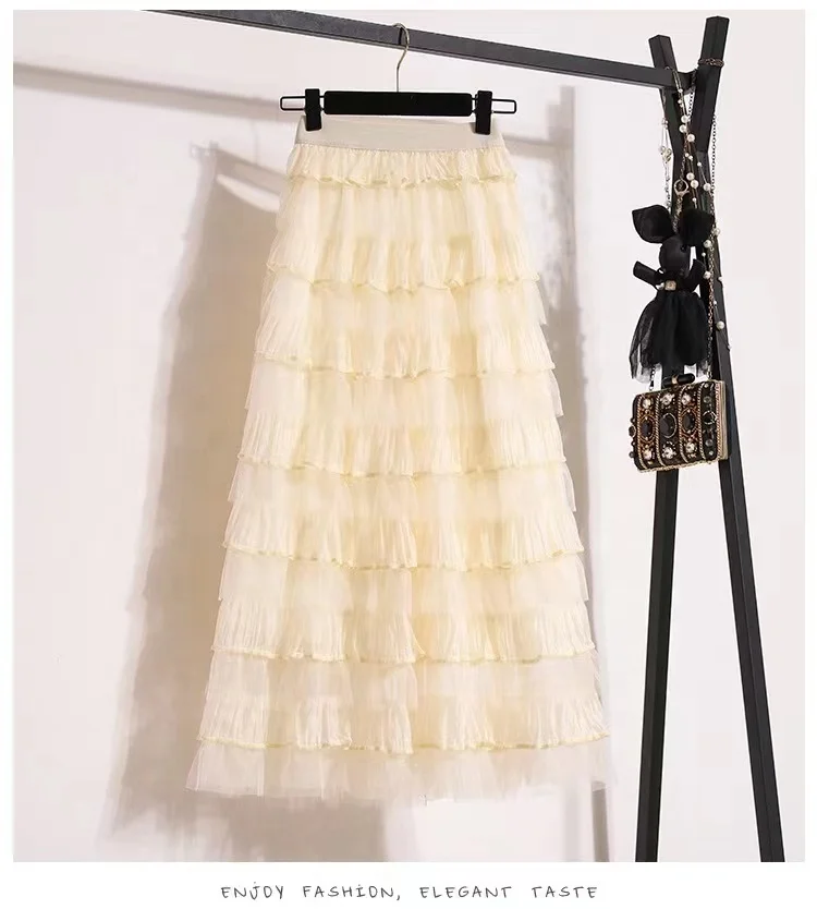 Hot Sale Long Maxi Pleated Skirts Woman Pure Color Sweet Elegant Spring Mesh Pleated Cake Skirt Lining Tutu Tulle Skirts