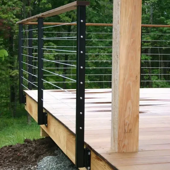 American style exterior patio aluminum post wood handrail with stainless steel cable railings from Foshan manufacturer