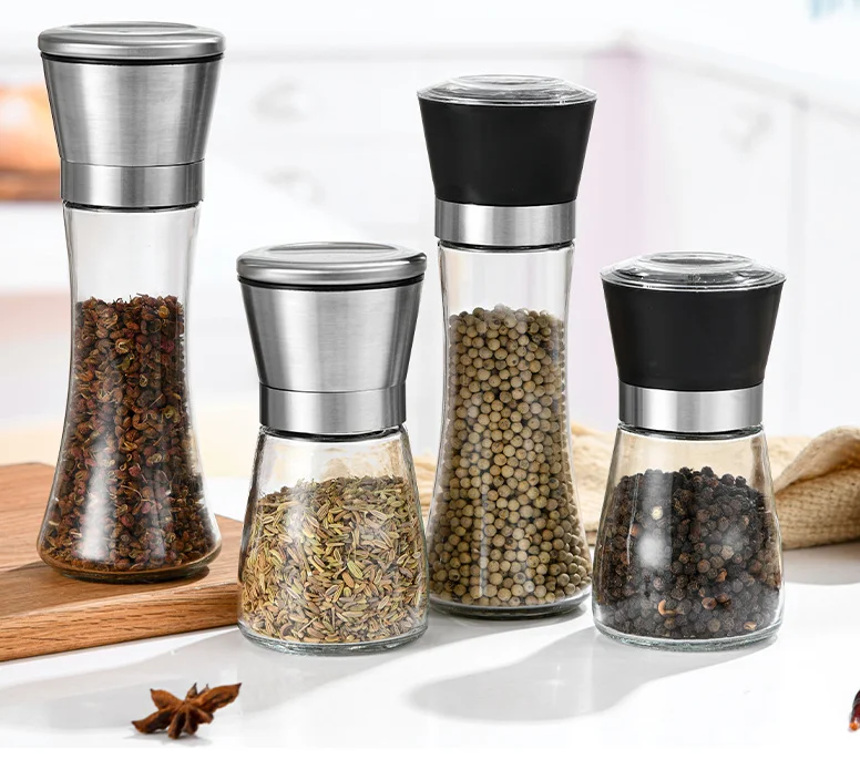 Best Seller 2 in 1 Kitchen Seasoning Adjustable Manual Glass Pepper Mill Spice Chili Salt and Pepper Grinder Set