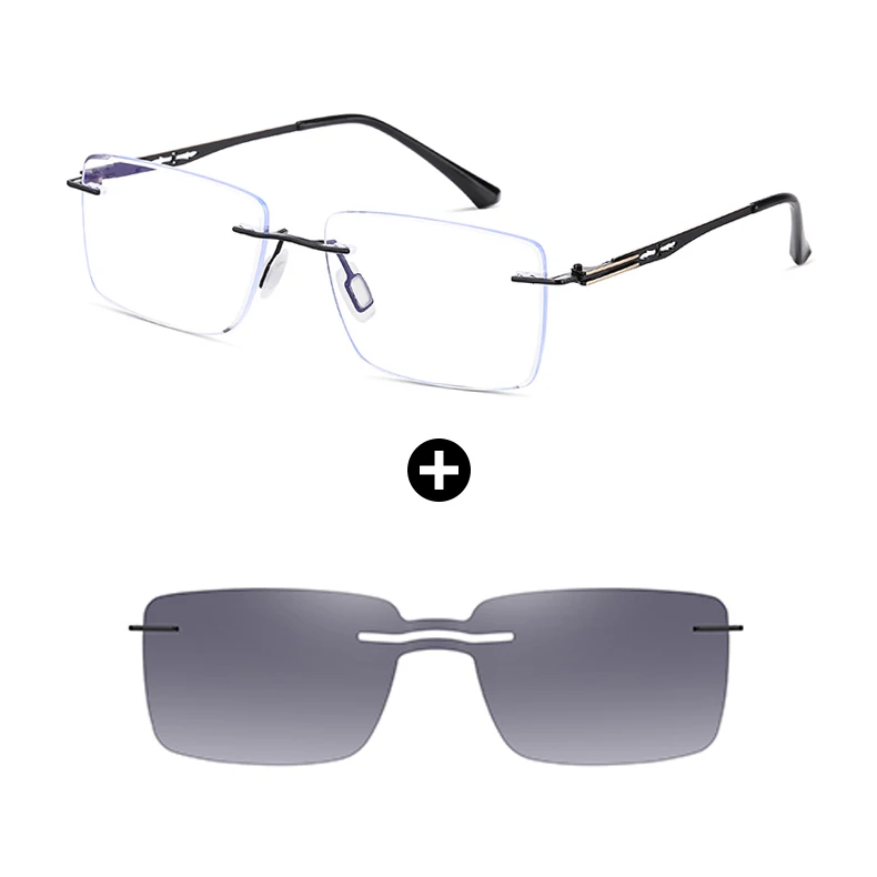 Wholesale Polarized Clip On Sunglasses Anti Blue Light Rectangle Glasses Uv400 For Men Women Rimless Eyeglasses