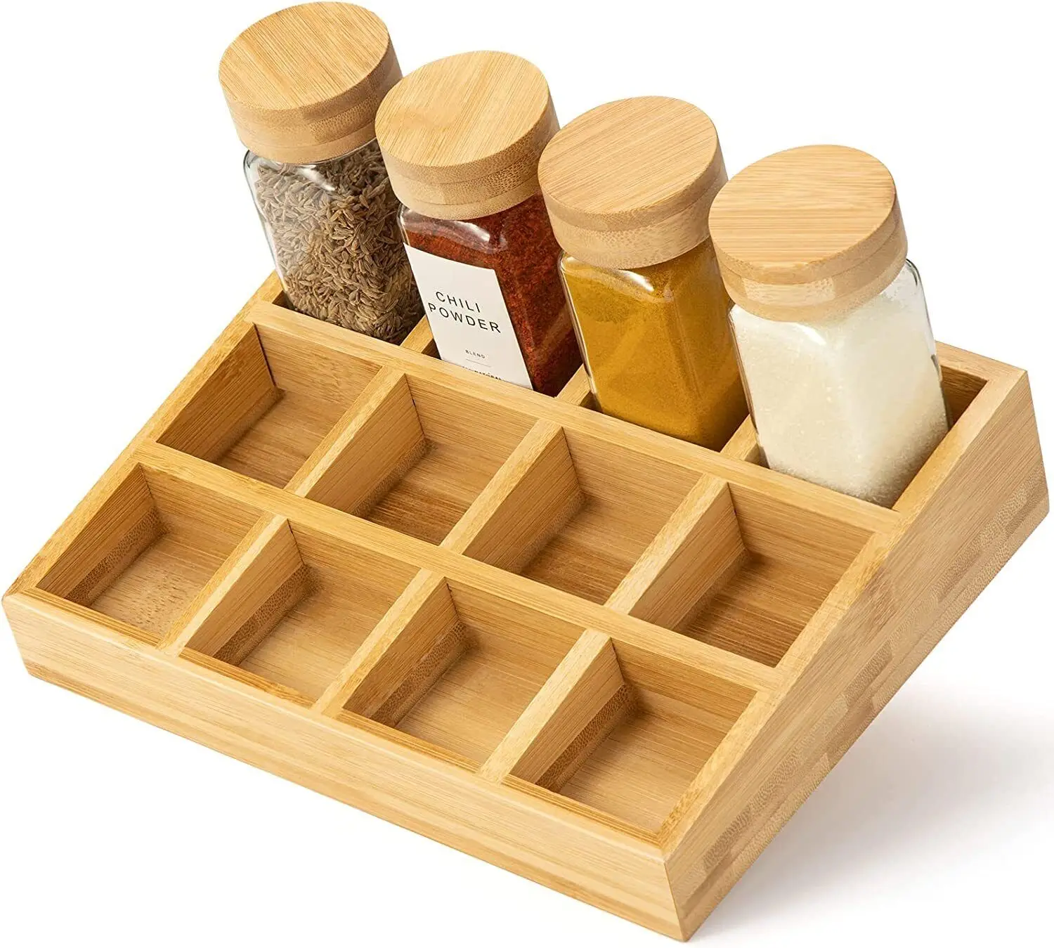 Kitchen Countertop 12 Piece Spice Jar Shelf Organizer And Drawer Anti Tipping Bamboo Seasoning Organizer