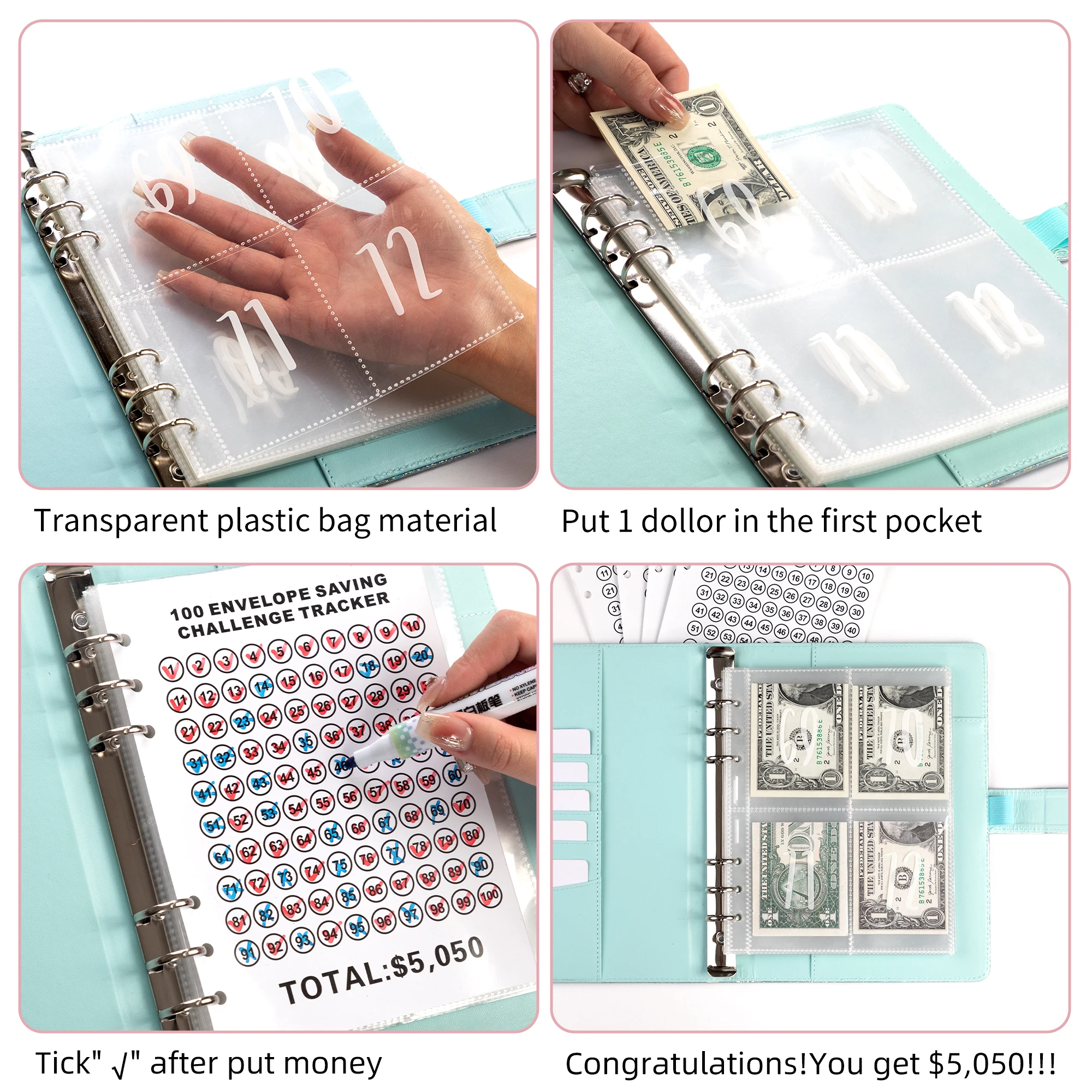 100 конверты для экономии денег Challenge A5 Pink Budget Binder с кодовым замком