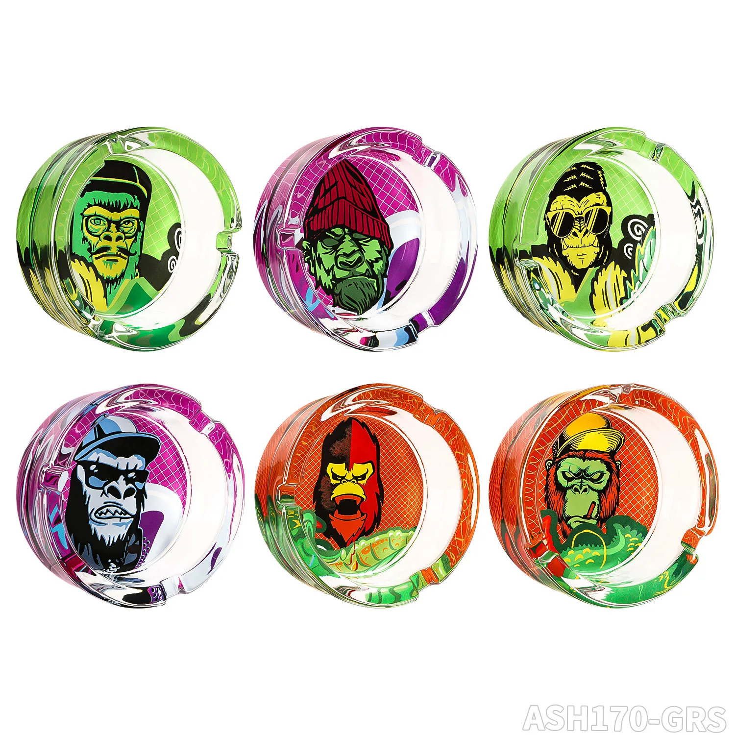 Wholesale Gorilla Design Glass Ashtray With 6 Patterns Per Display Box 85mm Cigarette Ashtray Support Custom Smoking Ashtray