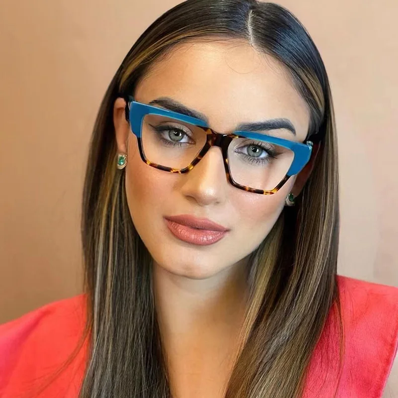 Fashion Colorful Polygon Cat Eye Glasses Women Clear Anti Blue Light Eyeglasses Retro Men Patchwork Leopard Optical Frames