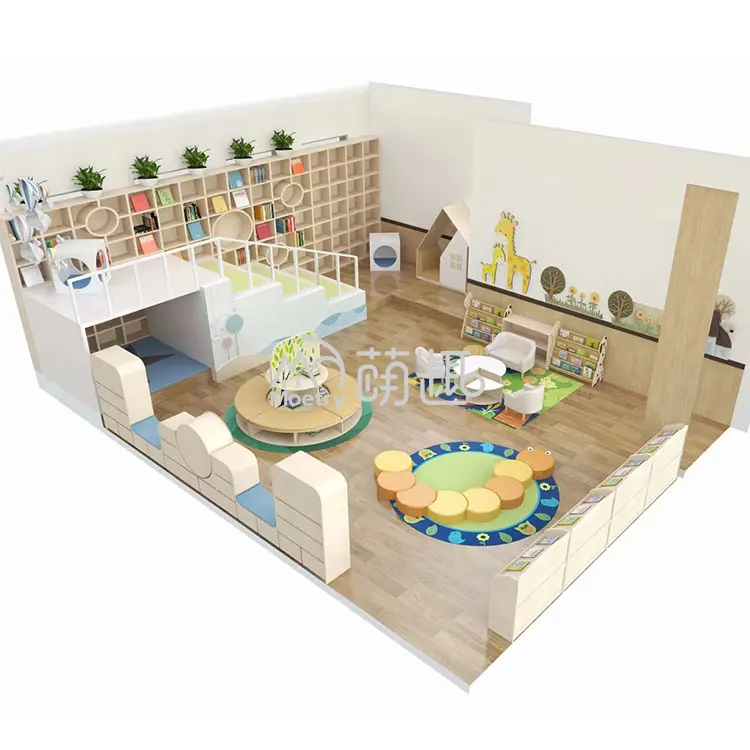 Moetry Fashion Design Wooden Childcare Furniture Kids Classroom Reading Area School Library Bookcase Forest Theme