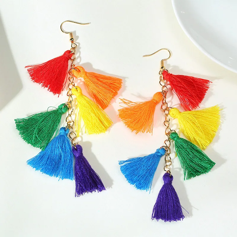 Wholesale Bohemian Resort Style Rainbow Tassel Earrings Handmade Colorful Long Tassel Earrings Unique Gifts For Her