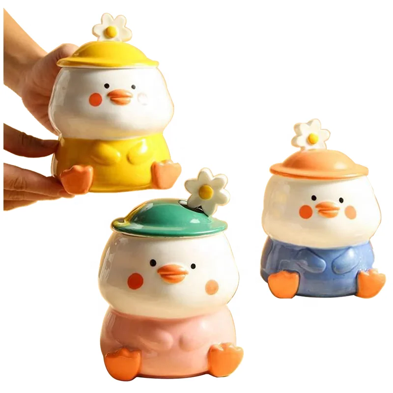Kawaii 400ML Animal Duck Mug Funny coffee mugs Cup 3D Cute Ceramic Coffee Mug with Spoon Lid for Milk Tea