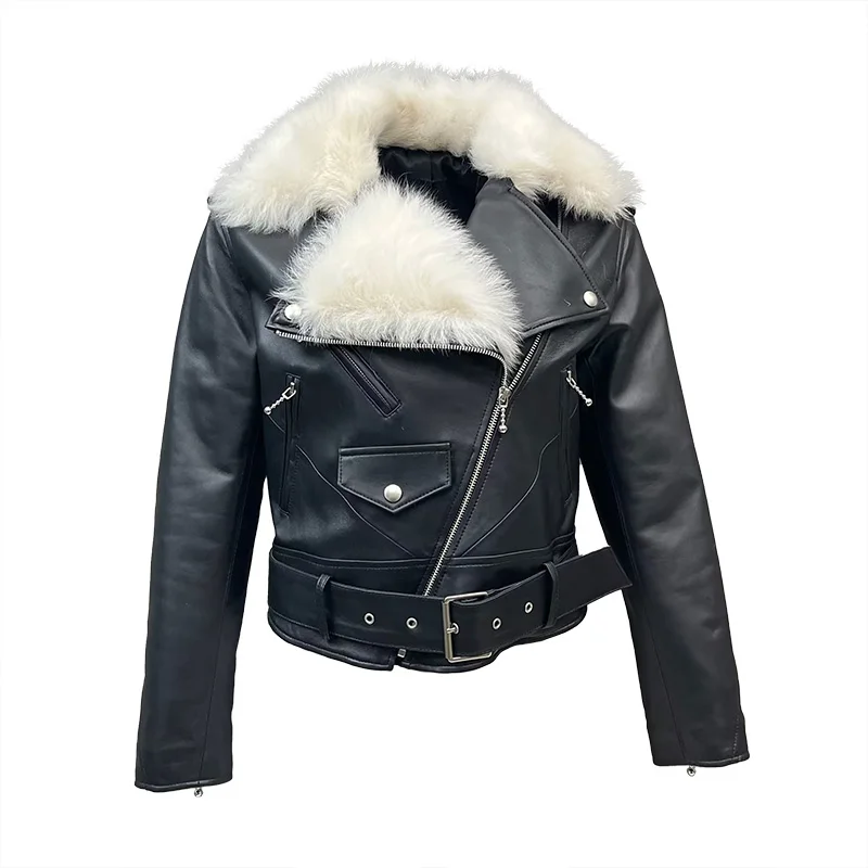 High Quality Winter Warm Genuine Lamb Skin Leather Jacket With Tuscany Sheep Fur Collar for Women