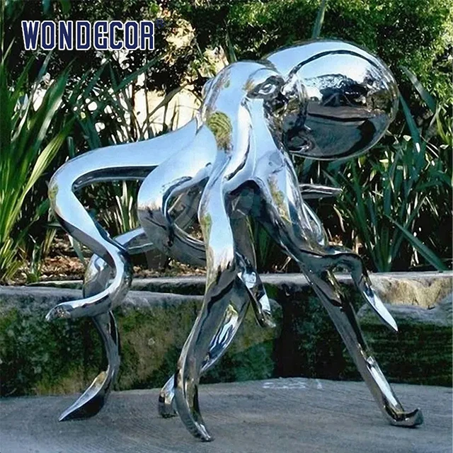 WONDECOR  Modern luxury sculpture Large Outdoor Metal Sculpture Octopus Stainless Steel Sculpture