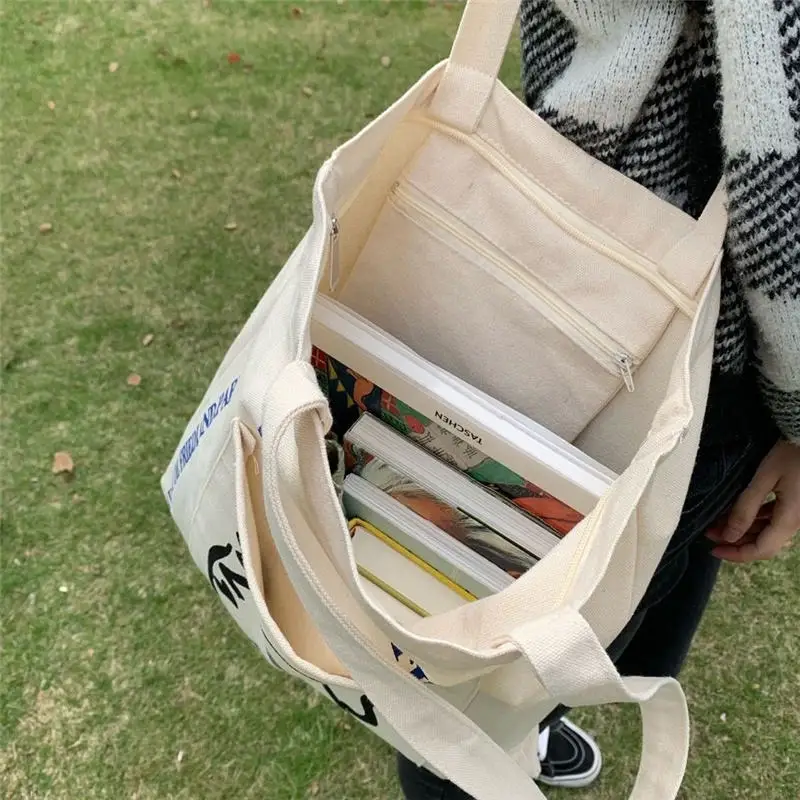 LOW MOQ Custom logo Printed Calico Cloth Organic Cotton Canvas Tote Bag With Outside Pocket and Zipper for College Students