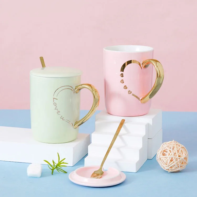 Nordic breakfast coffee cup with cover spoon lovers mug gold handle ceramic cup gift box custom wholesale