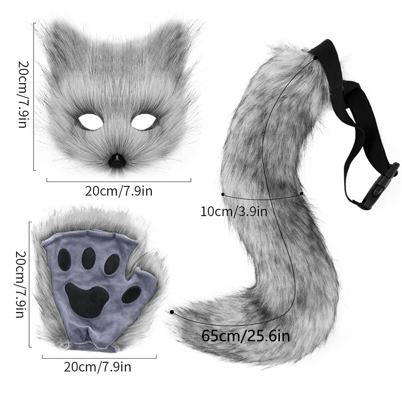 3pcs Halloween Carnival Dress Up Animal Tail Fox Mask Gloves Suitable For Animation Exhibition Cosplay Outdoor Party Costumes