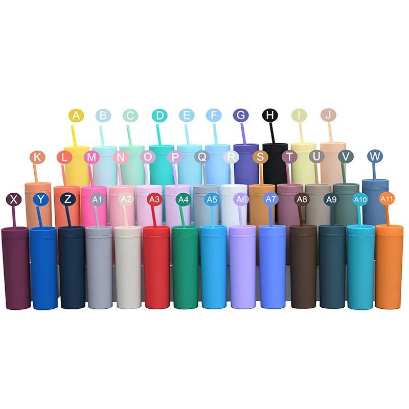 Custom Skinny Acrylic Matte Double Wall 16oz Plastic Coffee Tumbler Cups with Lid and Straw