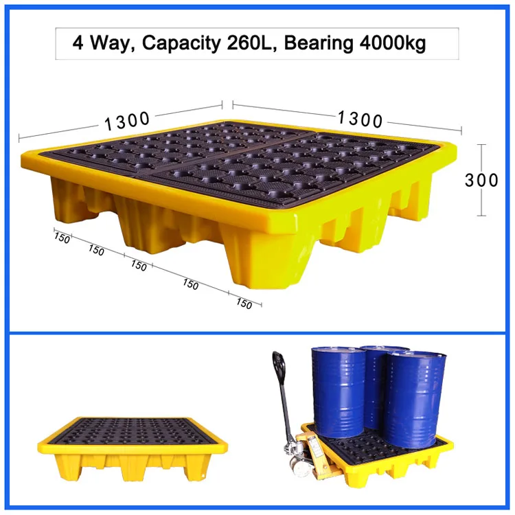 1300*1300*300 MM Top Quality Anti Oil Containment Pallet Drum Spill Pallets With Removable Grating