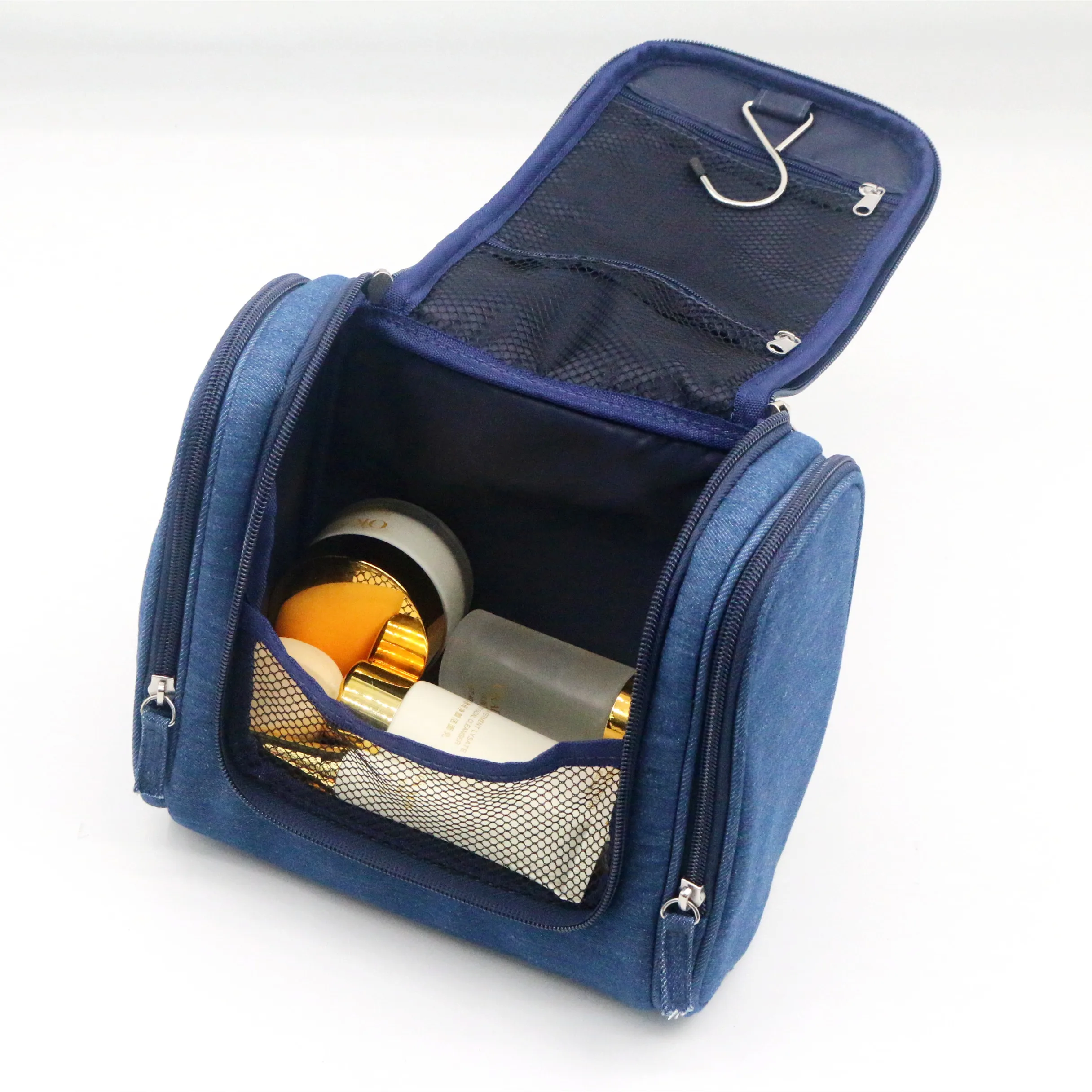 Distinct Desgin Denim Fabric Hanging Toiletry Bag Skydiver Blue Exquisite Hanging Wash Bag Durable Travel Toilet Bag