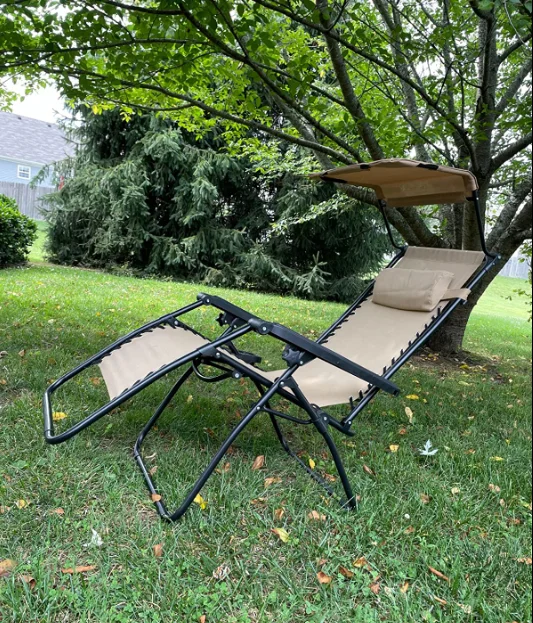 Lightweight Foldable Garden Zero, Gravity Metal Chair Outdoor Recliner Lounge Chairs with Folding Canopy Shade and Cup Holder/