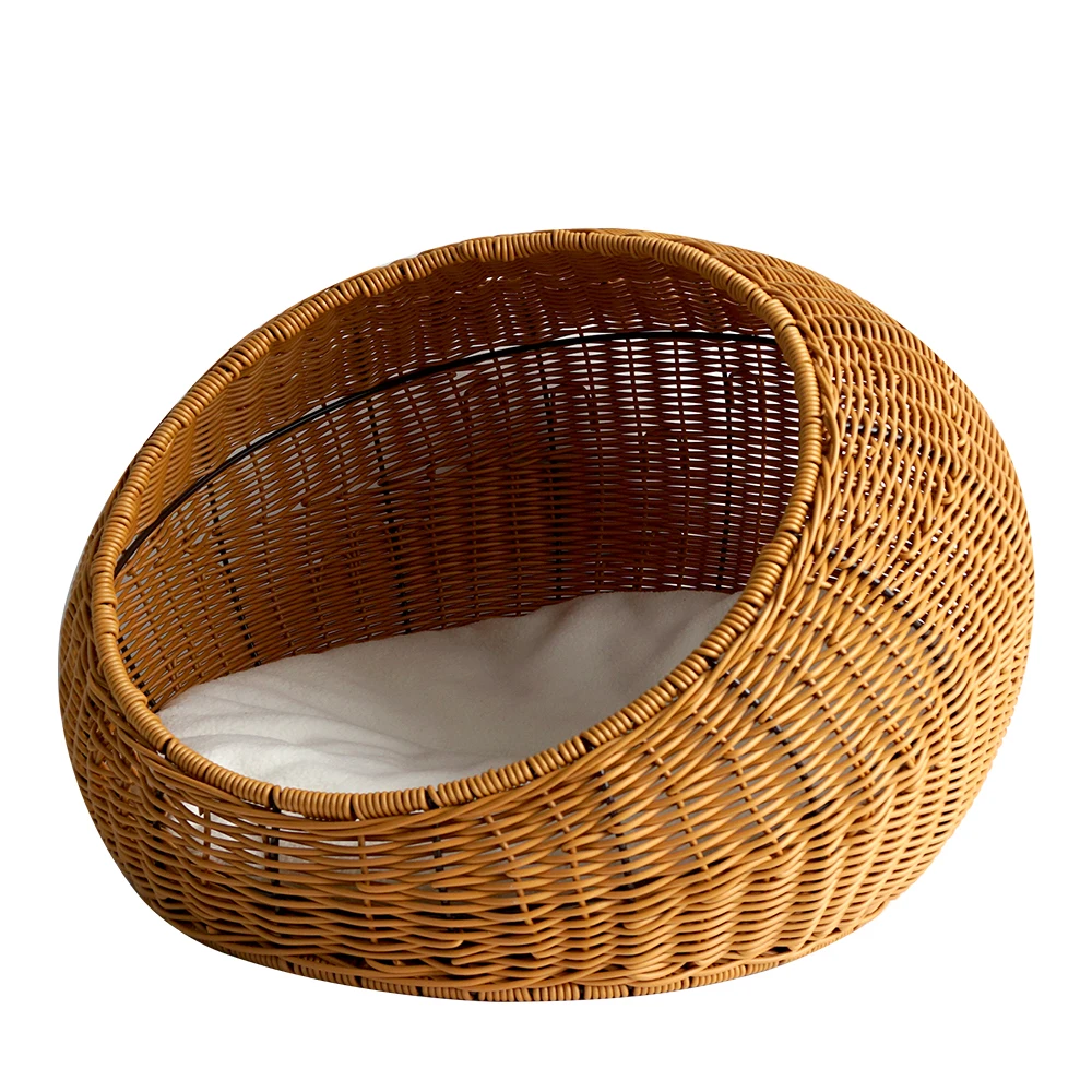 XH Wicker Cat Bed Dome for Medium Indoor Cats - a Covered Cat Hideaway Hut of Rattan Houses in Dome Basket Washable Pet cages