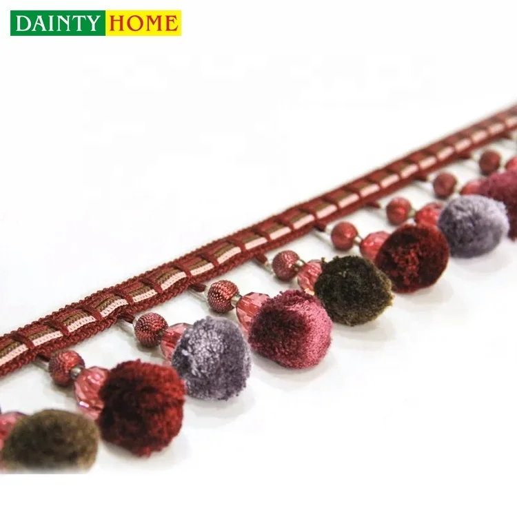 Eco-friendly Dark Coffee Color Ball Curtain Decorative Pom Pom Fringe