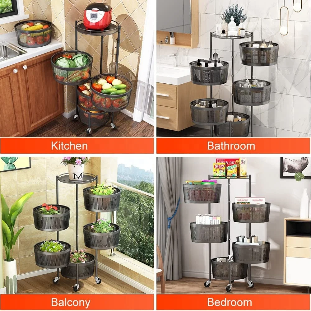 360 Degree Multi Layer Basket Storage Rotating Rack Storage Fruit Vegetable Display Rack Storage Rolling Trolley Cart Organizer