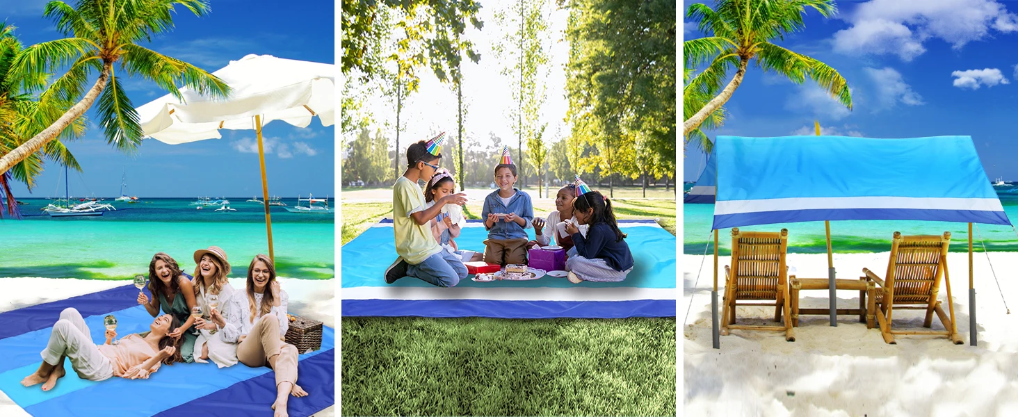 Big & Compact Sand Free Mat Quick Drying Lightweight & Durable  Beach Blanket Sand Proof With 6 Stakes & 4 Corner Pockets