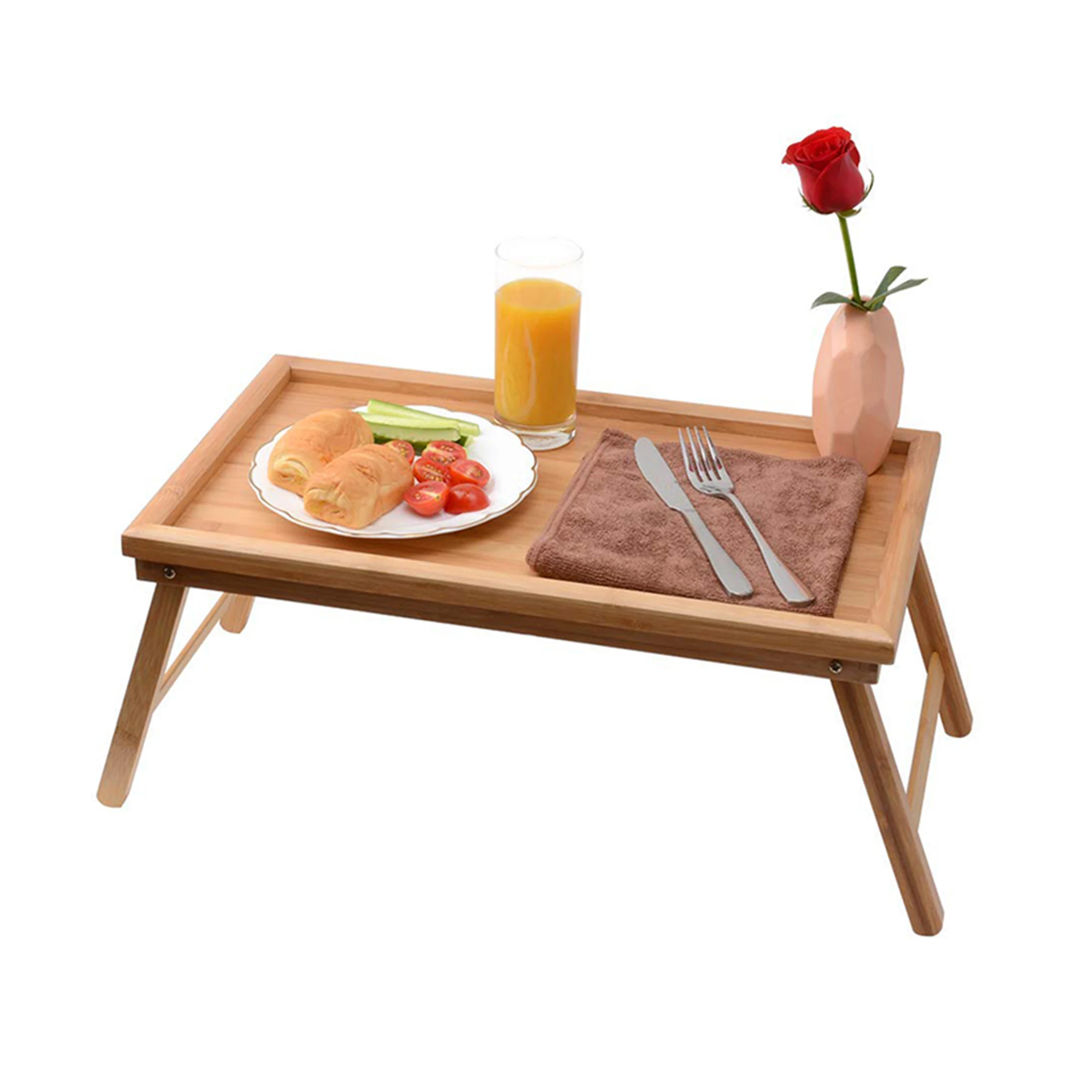 Multi-Functional Bamboo Bed Trays Table Breakfast Snack Fruit Wooden Serving Tray Laptop TableWith Folding Legs