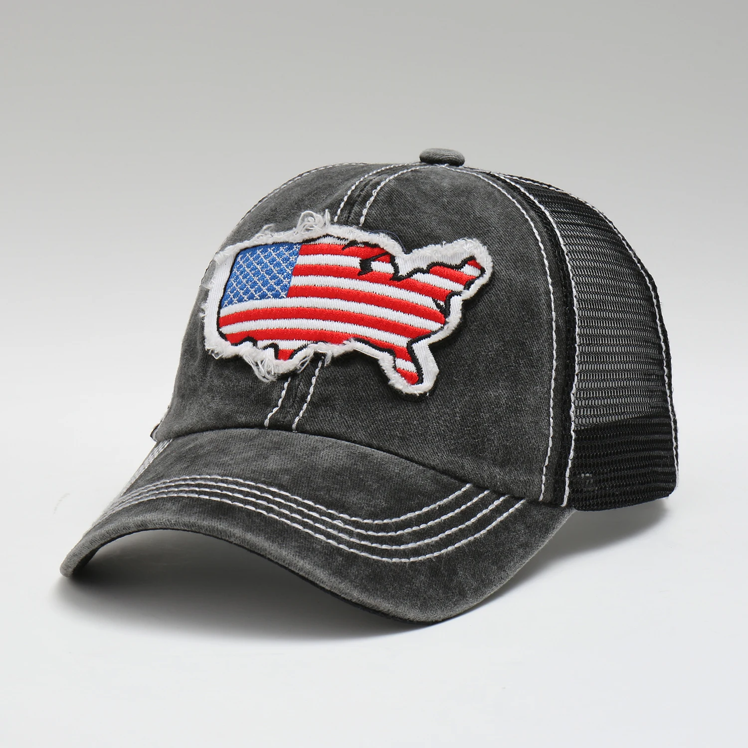Wholesale promotional American flag patch unisex gorras 6 panel  embroidery sports caps mens mesh vintage trucker cap hat