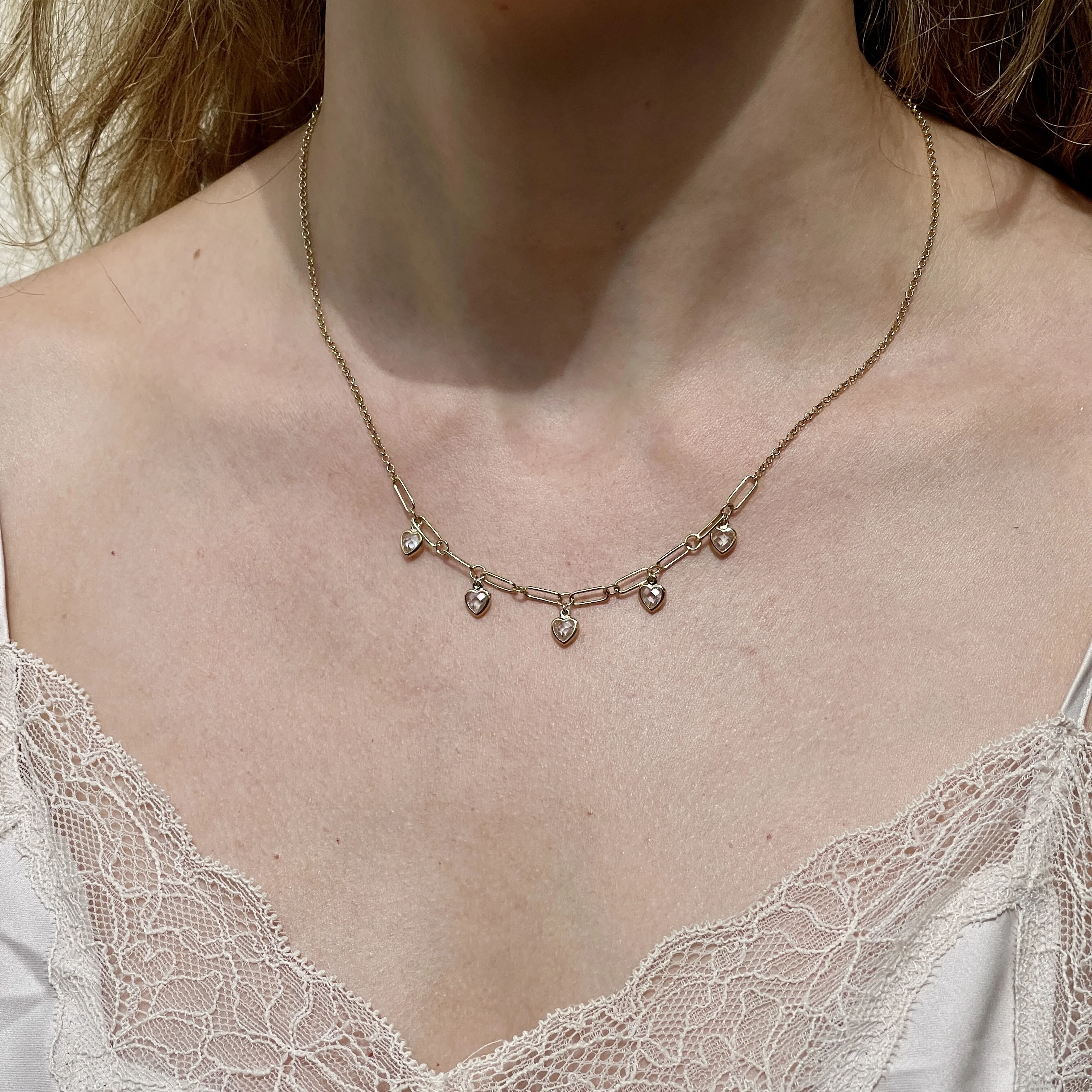 Handmade quality Choker Necklace Silver 18K Gold Plated Hanging Hearts Briolette Zircon Bezel Setting Stone Link Chain for women