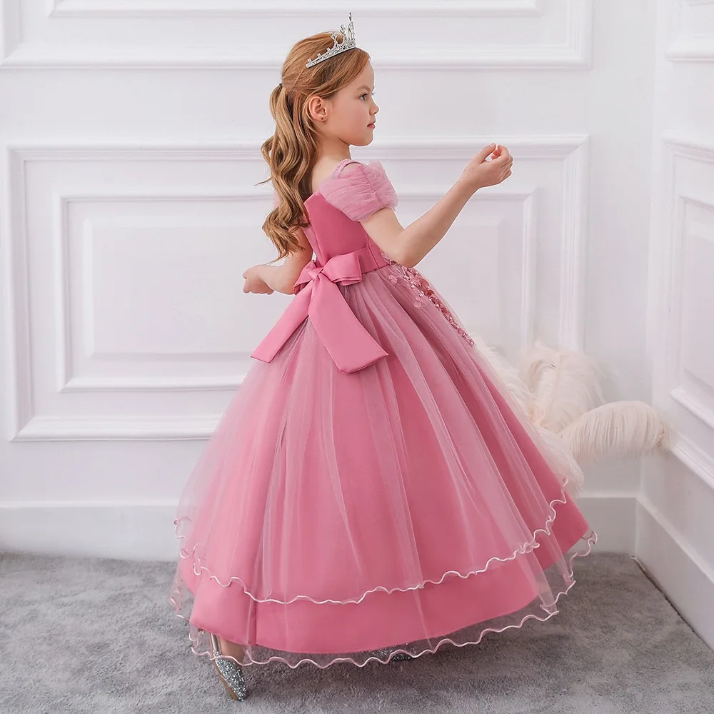 Top Sales Embroidery Puffy Sleeve Tulle Pink Baby Clothing Sets Girls Wedding Dresses Kids Princess Party Ball Gown Long Frock
