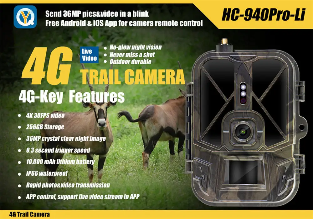 HC-940pro-li 4G 4K 30MP Trail Camera 8000mA LI-Battery Waterproof Supports Picture Video Transmission Live Video Compatible SD
