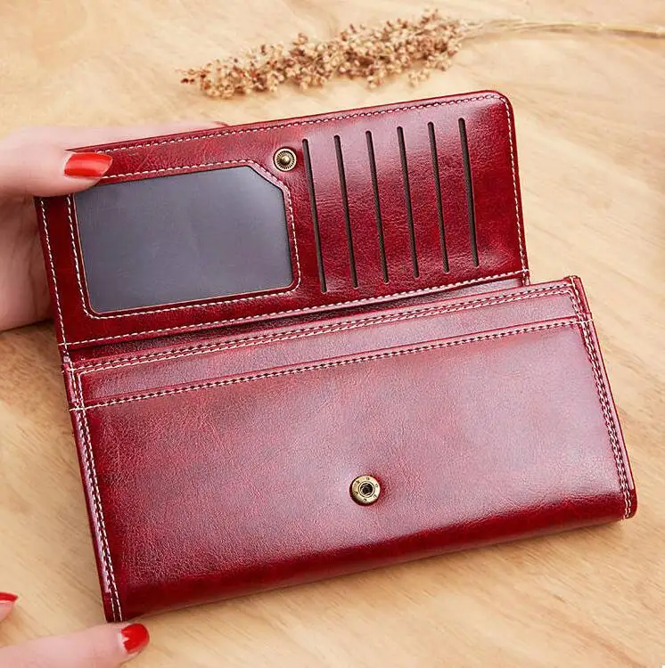 2024 High quality ladies long purse wallet with phone vintage wax oil leather women wallets