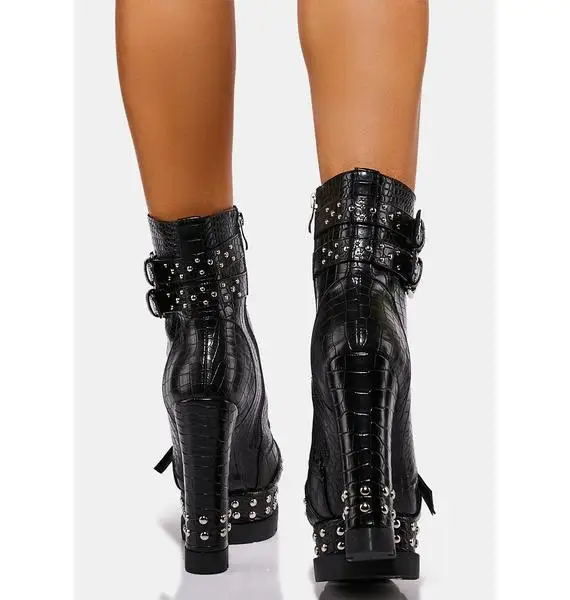 Supper High Chunky Heels Punk Styles Short Boots Women Double Platform Heels Over Lace up Ankle Boots with Buckles Studs All PU