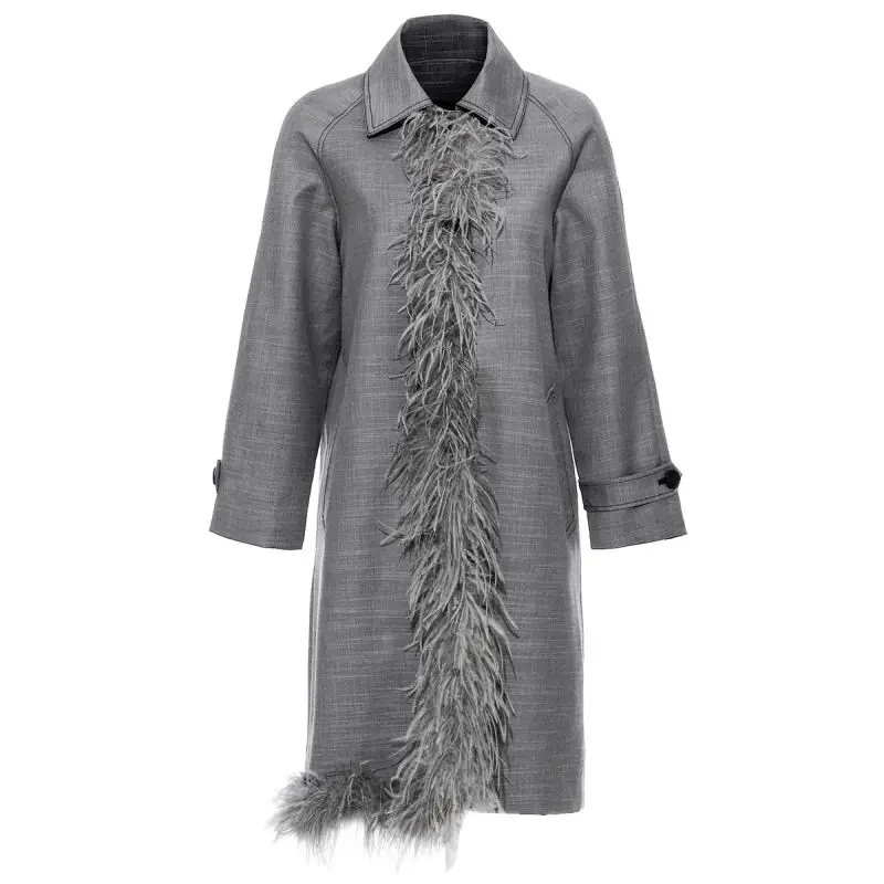 2022 detachable flowing ostrich hair lattice irregular stitching in long windbreaker overcoat