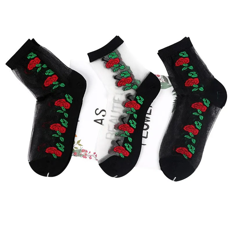 Spring wholesale fashion knitted flowers lace crystal silk socks women
