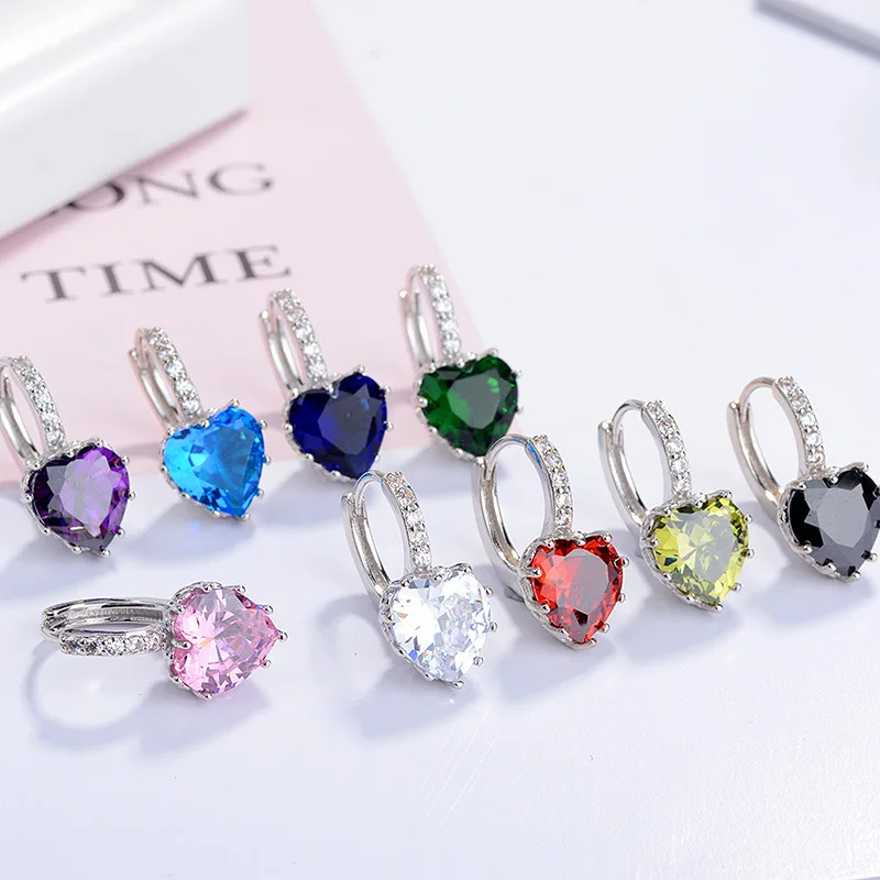 Better Quality Collection Silver CZ Colorful Heart Cut Birthstone Zircon Dangle Drop Earrings with Leverbacks