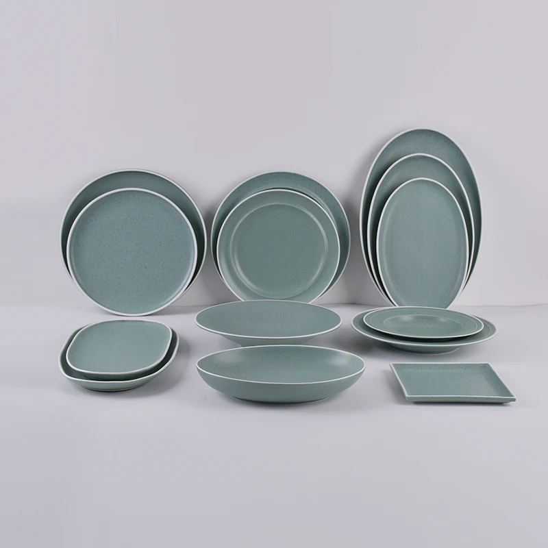 Green Glaze Ceramic Plato Raised Rim Flat Chef Dish 8 inch Serving Platter Fine Dining Restaurant Porcelain Dinner Plate