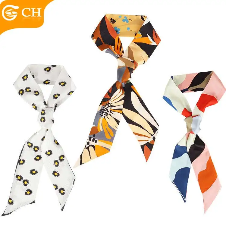 Ready to Ship Factory Women Slim Scarves Cheap Elegant Flower Printed Bevel Scarf Wholesale Stylish Handbag Head Satin Scarf