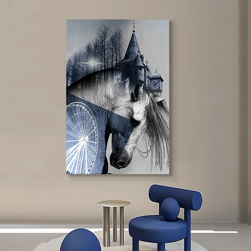 JZ Custom Animal Picture Large Mixed Media Artwork 3D Diamond Horse Painting Framed Wall Art Home Decor Luxury