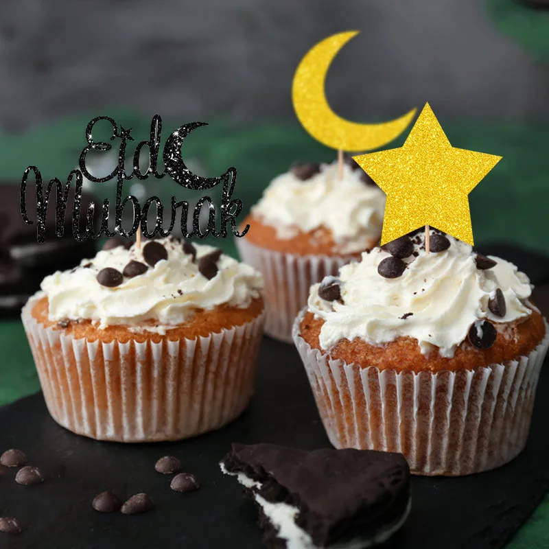 Glitter Moon and Star Eid Mubarak Cupcake Topper Islamic Muslim Party Supplies Ramadan Kareem Party Supplies cake favor