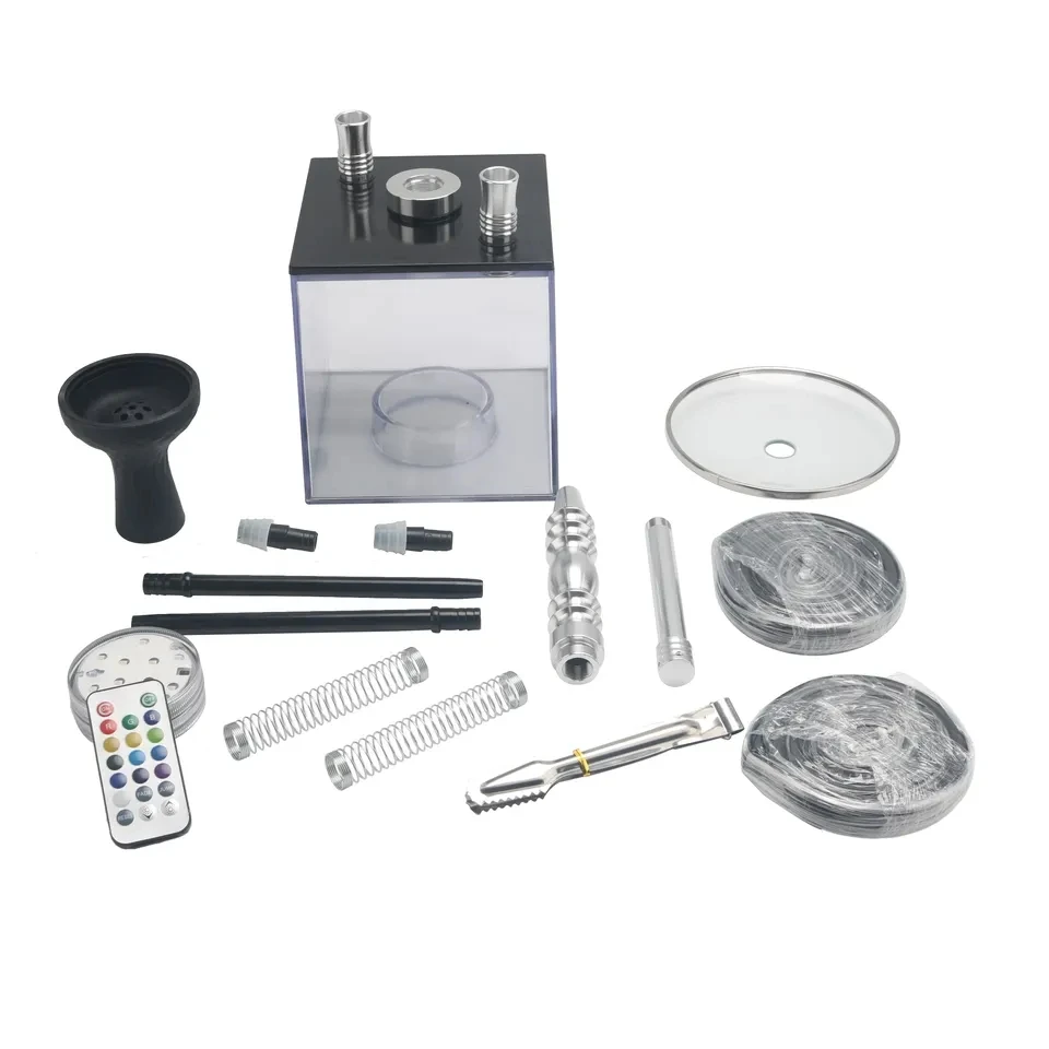 2 hose sheesha custom wholesale hookah set nargile acrylic hookah LED light chicha complet square hookah cup