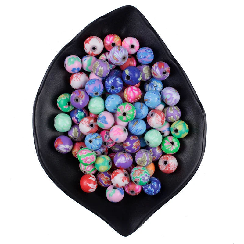 
50Pcs/Bag 8mm Polymer Clay Flower Pattern Printing Beads Round Loose Beads Random Mix Colors for Make Jewelry Wholesale 